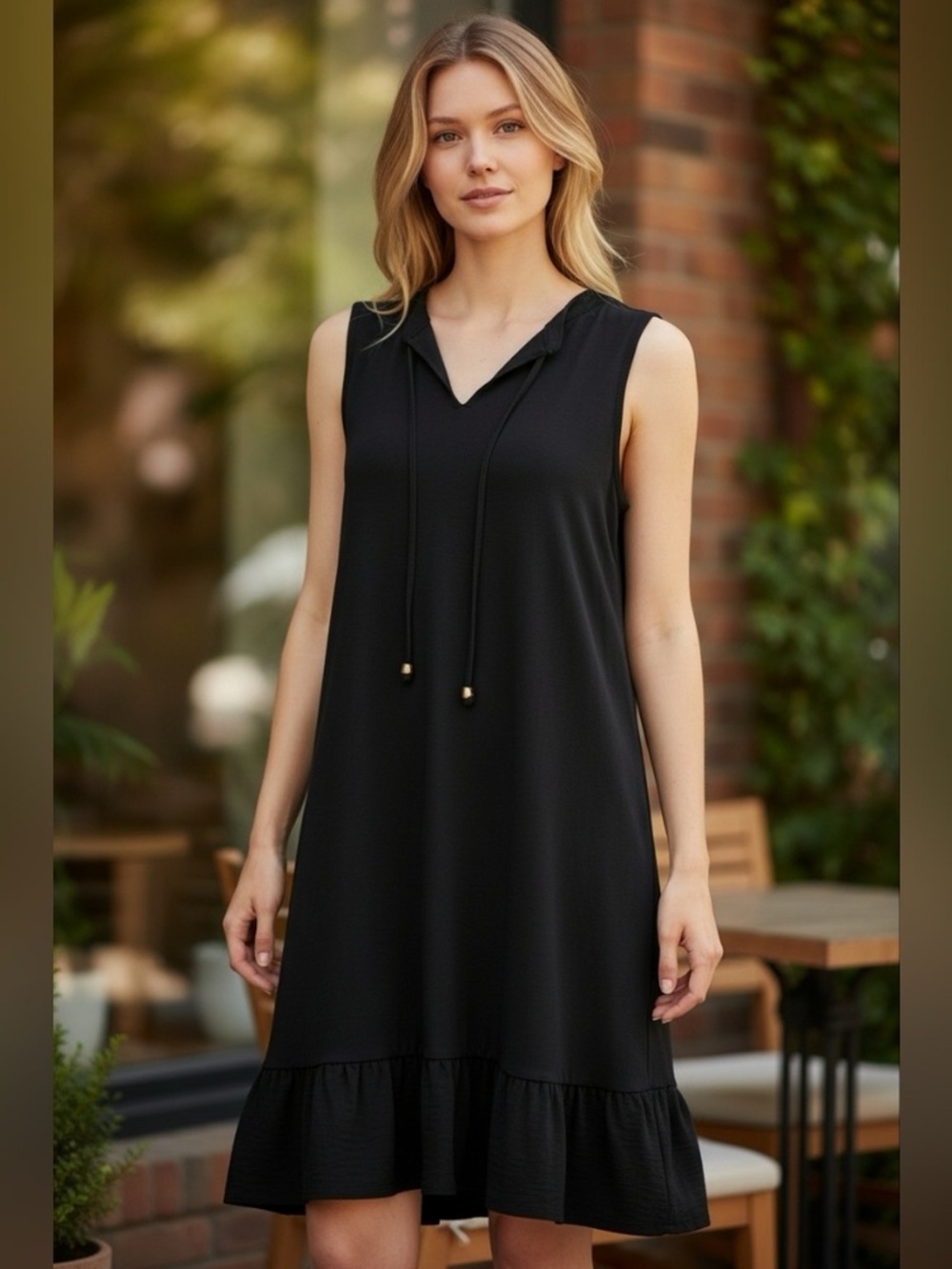 Michael Kors Black Sleeveless Tie-Neck Mini Dress with Ruffle Hem
